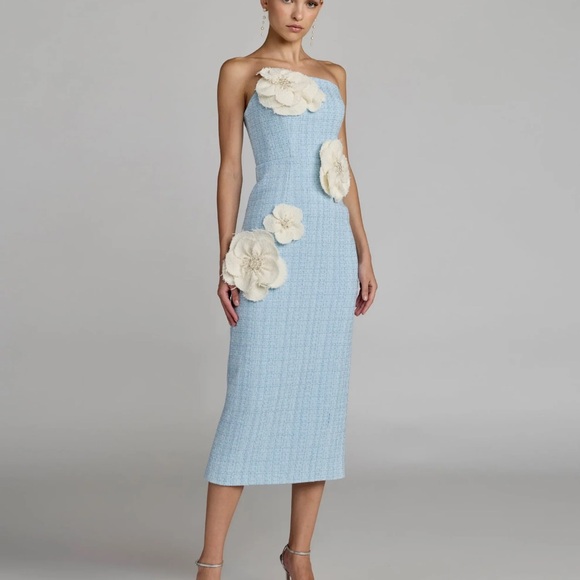 Mac Duggal Dresses & Skirts - Mac Duggal Strapless Light Blue Midi Dress with Cream Floral Appliqués
